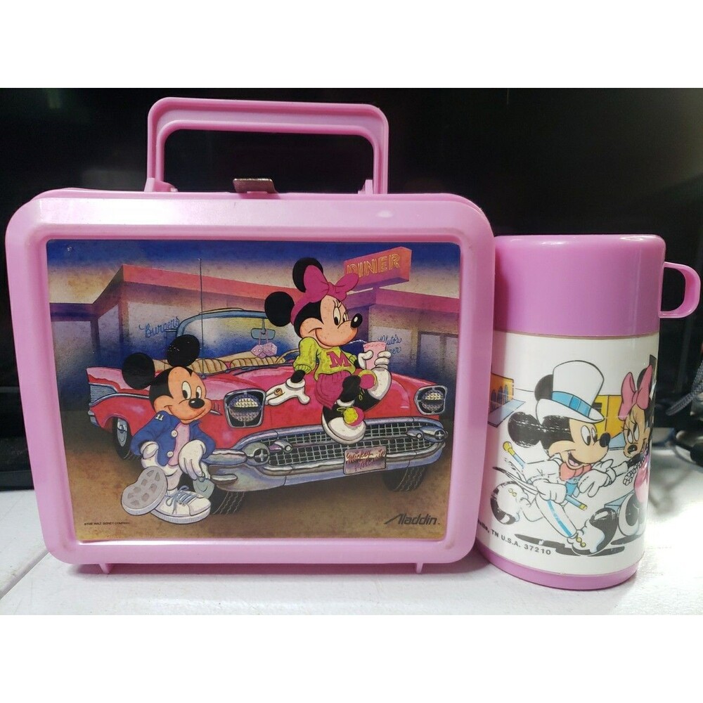 Vintage Disney Mickey & Minnie Mouse Pink Lunch Box And Thermos By Aladdin